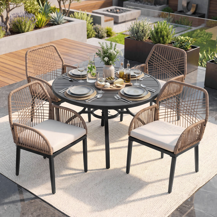 5PCS Rattan Metal Patio Dining Set with Umbrella Hole, Zippered Cushions