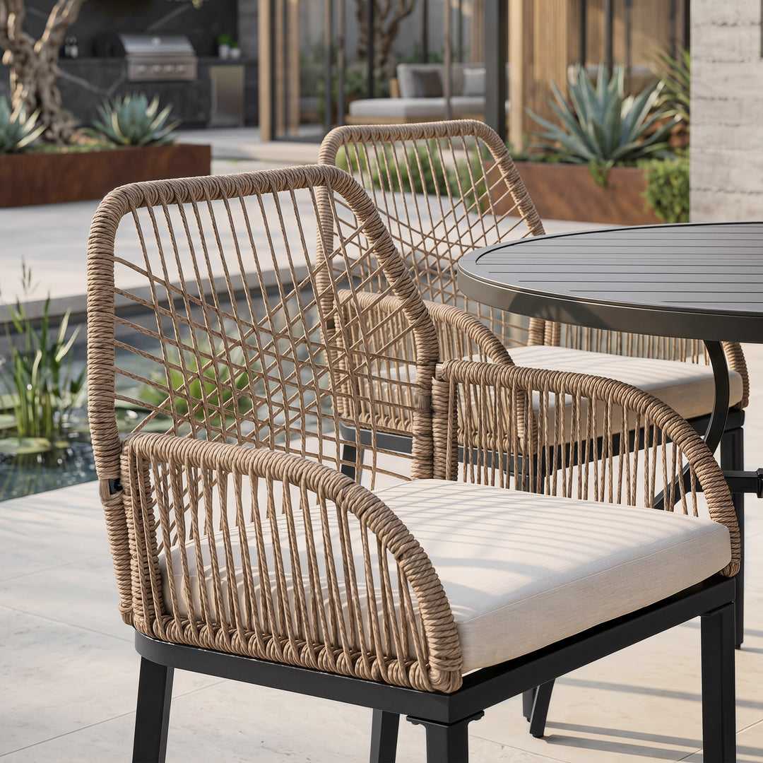 5PCS Rattan Metal Patio Dining Set with Umbrella Hole, Zippered Cushions