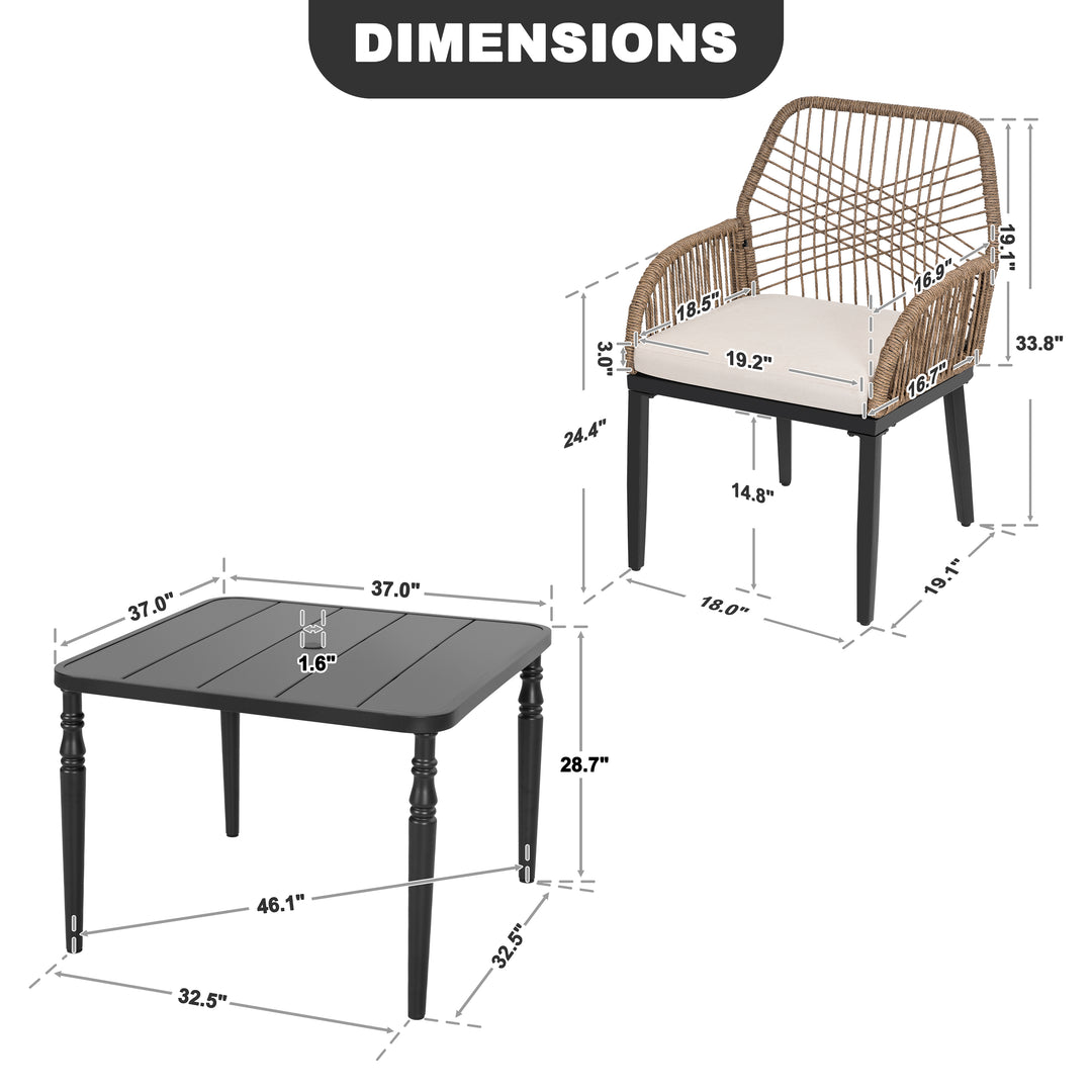 5PCS Rattan Metal Patio Dining Set with Umbrella Hole, Zippered Cushions