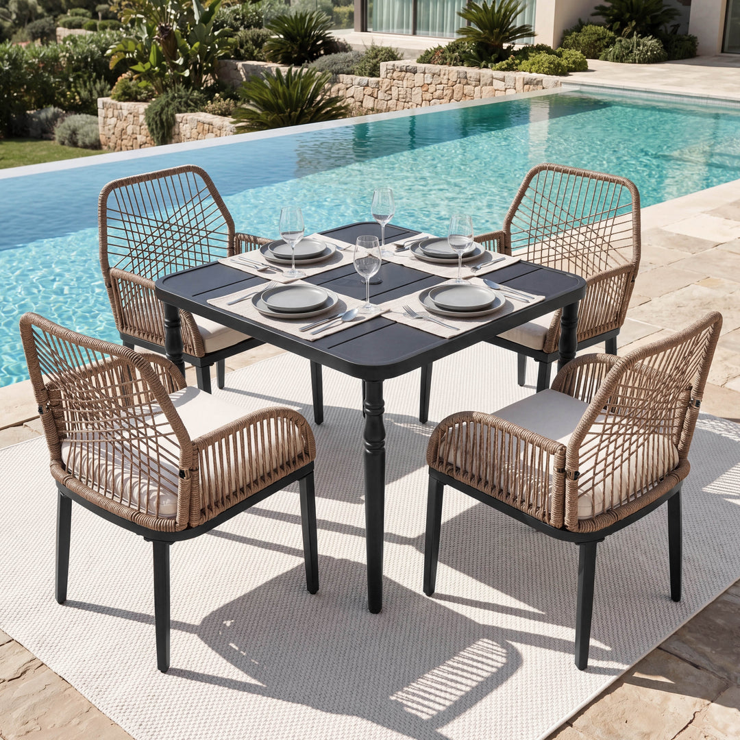 5PCS Rattan Metal Patio Dining Set with Umbrella Hole, Zippered Cushions