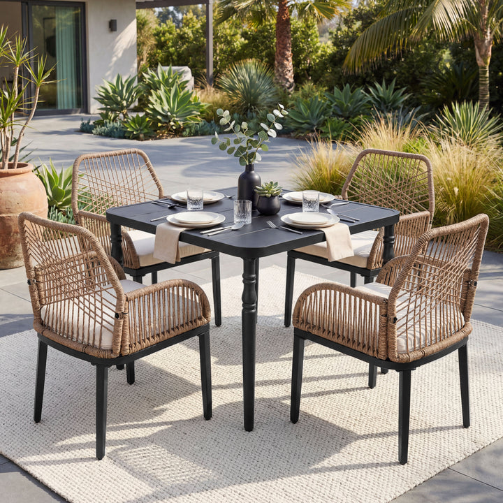 5PCS Rattan Metal Patio Dining Set with Umbrella Hole, Zippered Cushions