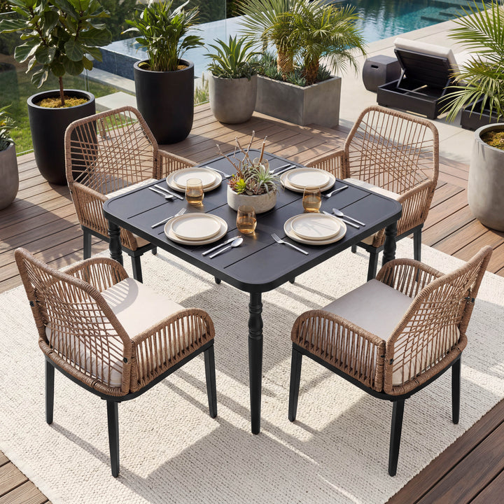 5PCS Rattan Metal Patio Dining Set with Umbrella Hole, Zippered Cushions