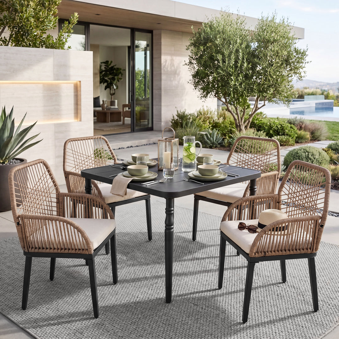 5PCS Rattan Metal Patio Dining Set with Umbrella Hole, Zippered Cushions