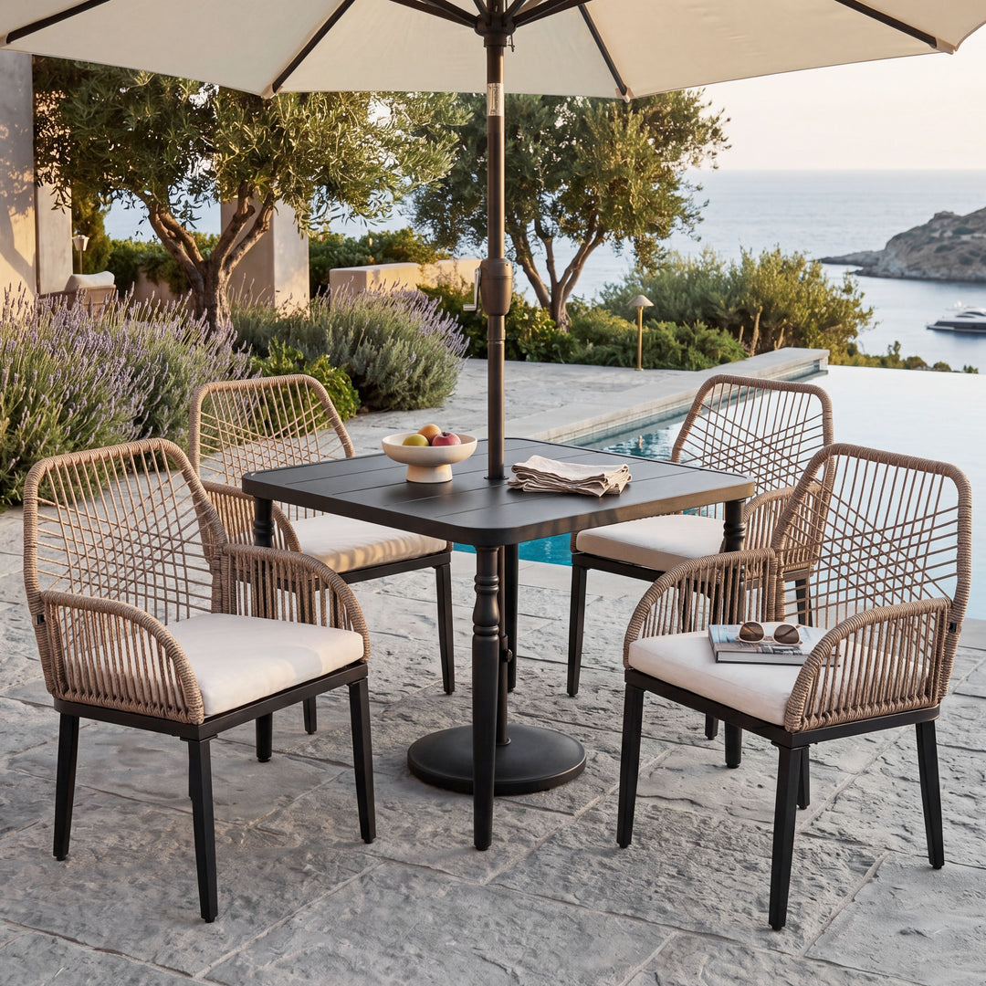 5PCS Rattan Metal Patio Dining Set with Umbrella Hole, Zippered Cushions