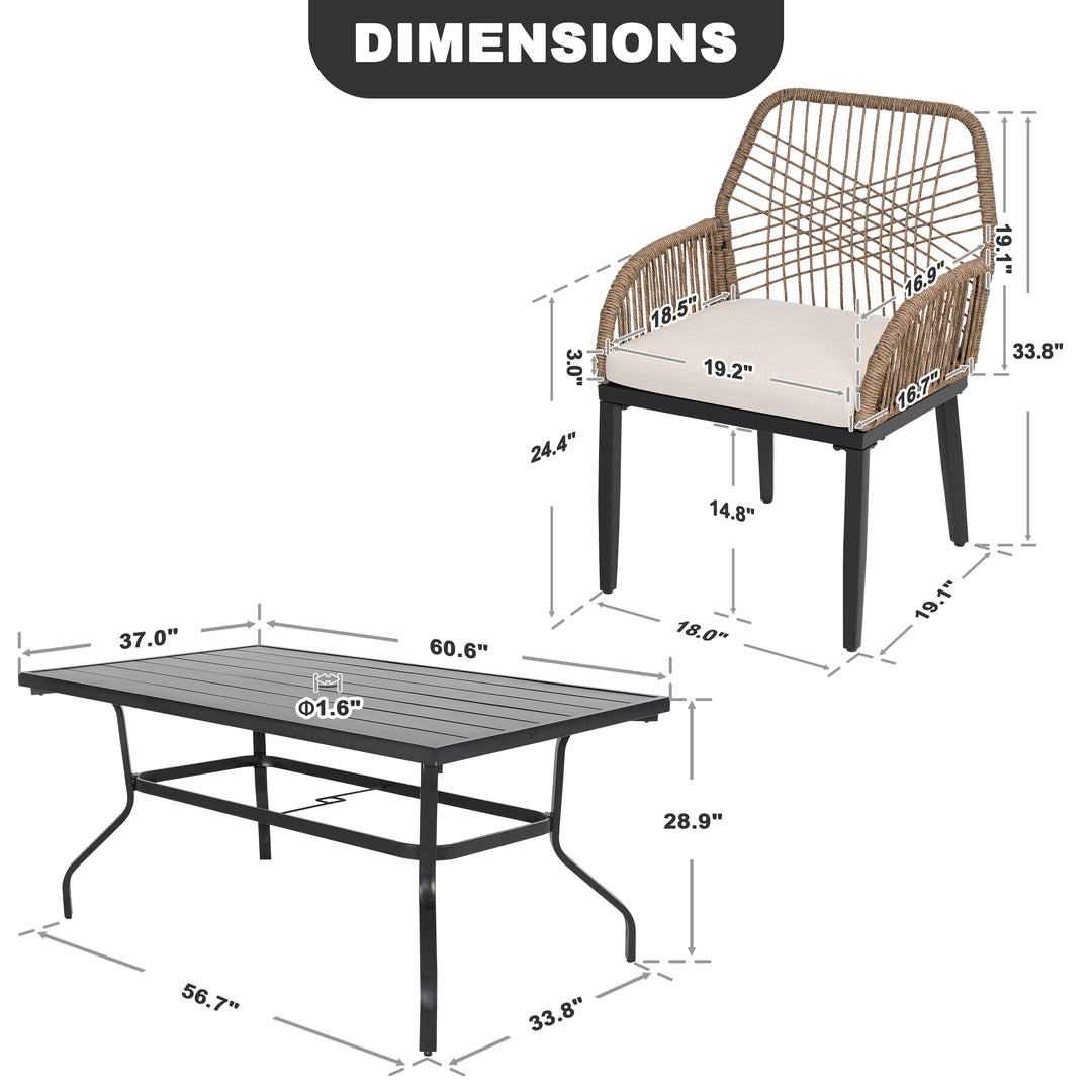 7PCS Rattan Metal Patio Dining Set with Umbrella Hole, Zippered Cushions