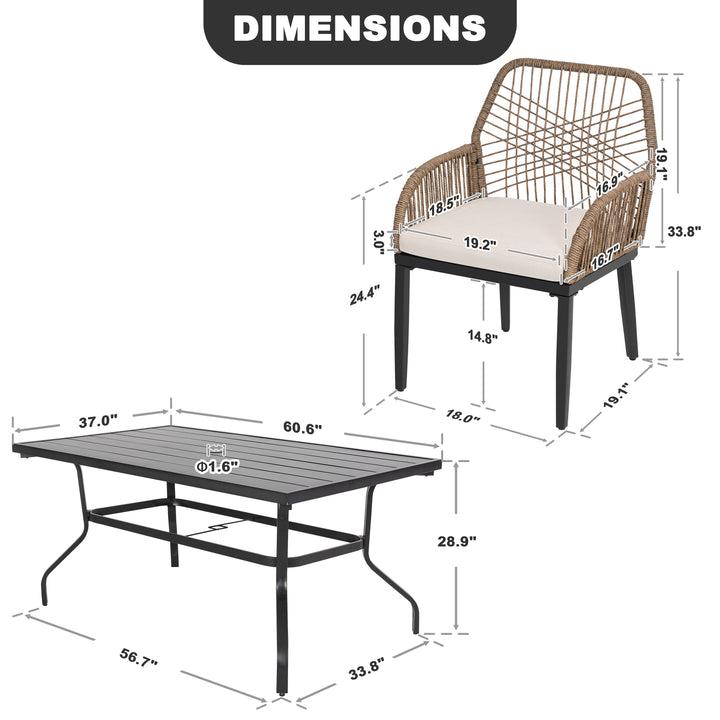 7PCS Rattan Metal Patio Dining Set with Umbrella Hole, Zippered Cushions