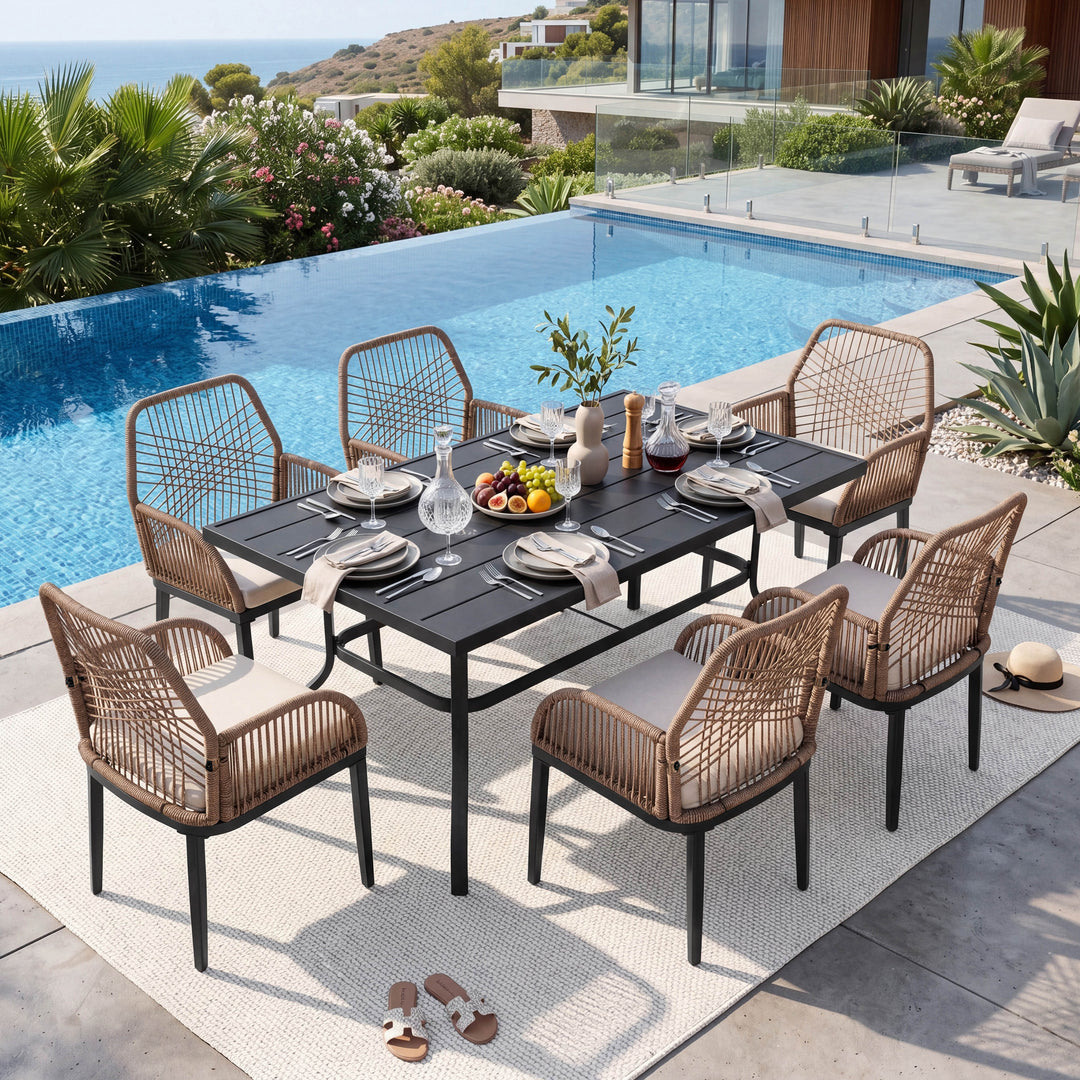 7PCS Rattan Metal Patio Dining Set with Umbrella Hole, Zippered Cushions