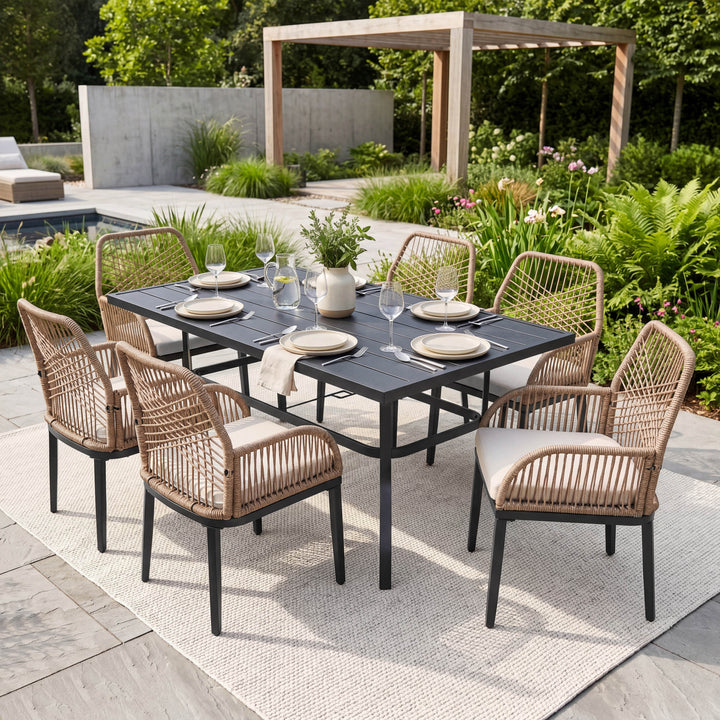7PCS Rattan Metal Patio Dining Set with Umbrella Hole, Zippered Cushions