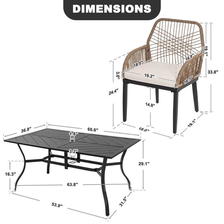 Outdoor 7-Piece Metal Dining Set with Rattan Chairs and Cushions