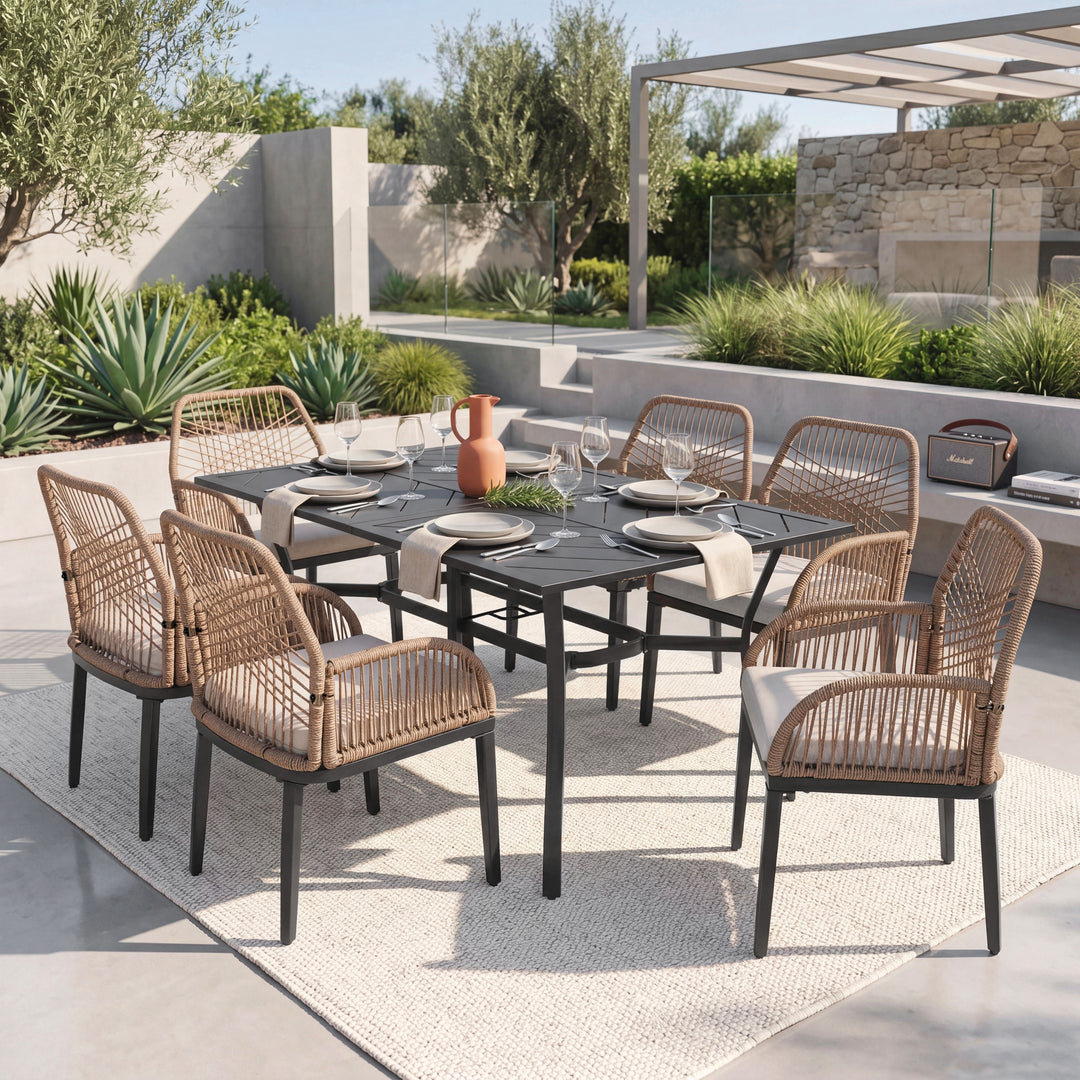 Outdoor 7-Piece Metal Dining Set with Rattan Chairs and Cushions