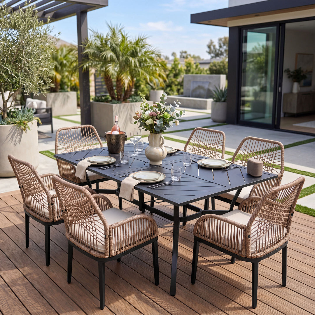 Outdoor 7-Piece Metal Dining Set with Rattan Chairs and Cushions