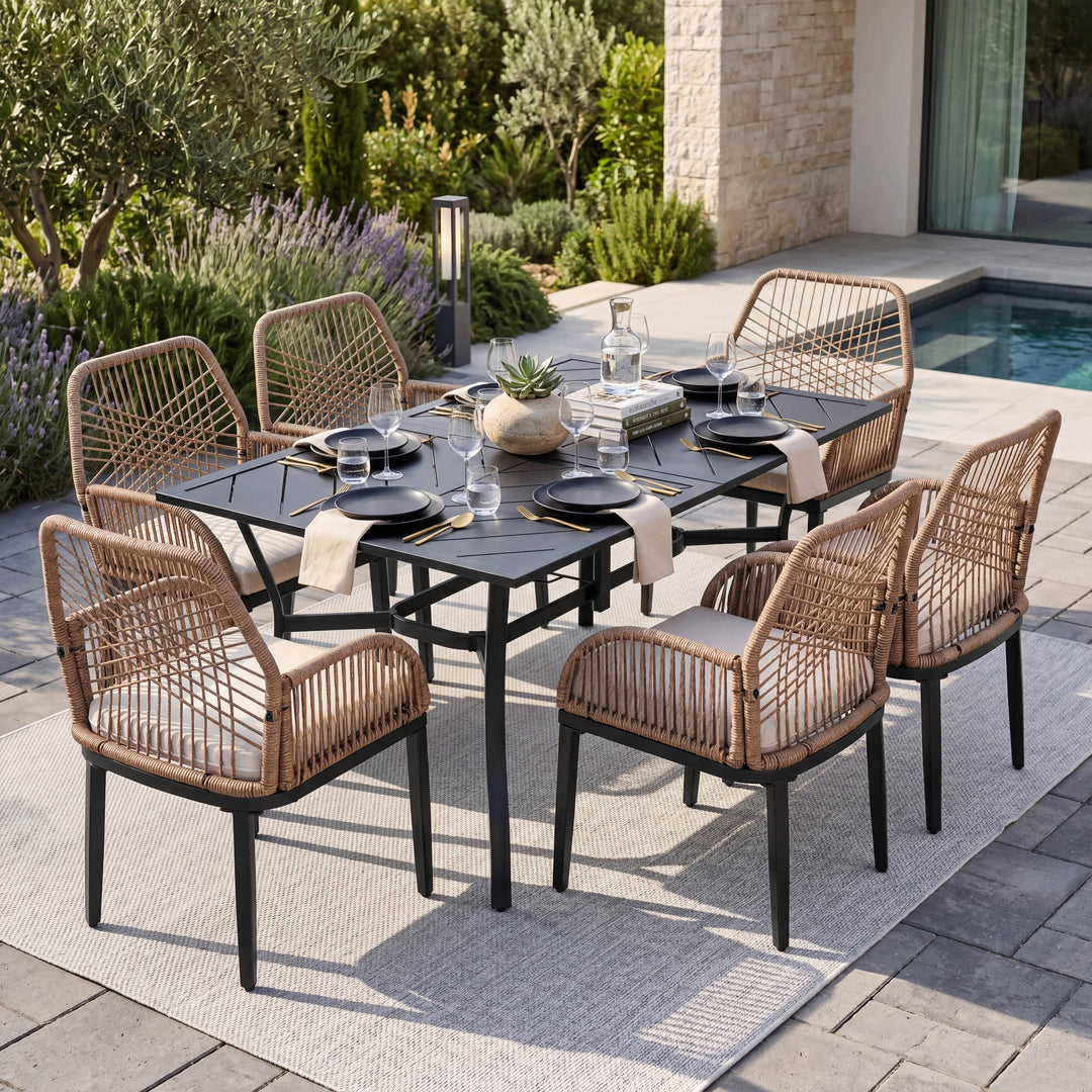 Outdoor 7-Piece Metal Dining Set with Rattan Chairs and Cushions