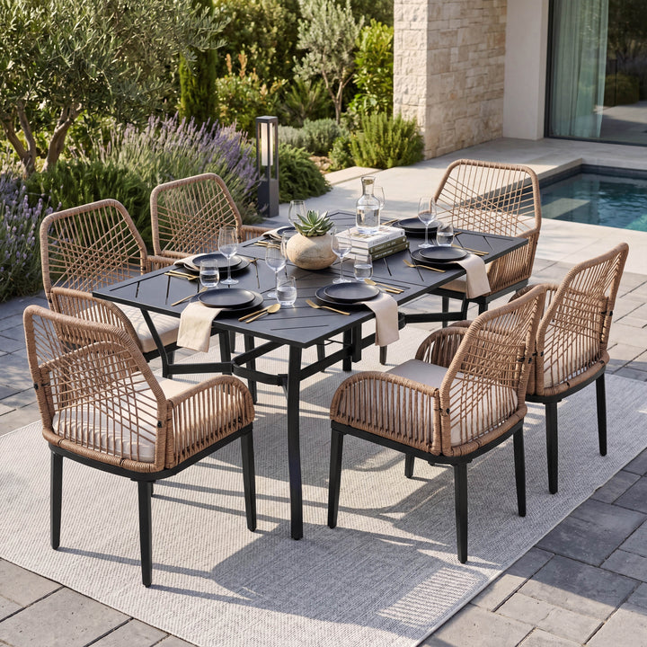 Outdoor 7-Piece Metal Dining Set with Rattan Chairs and Cushions
