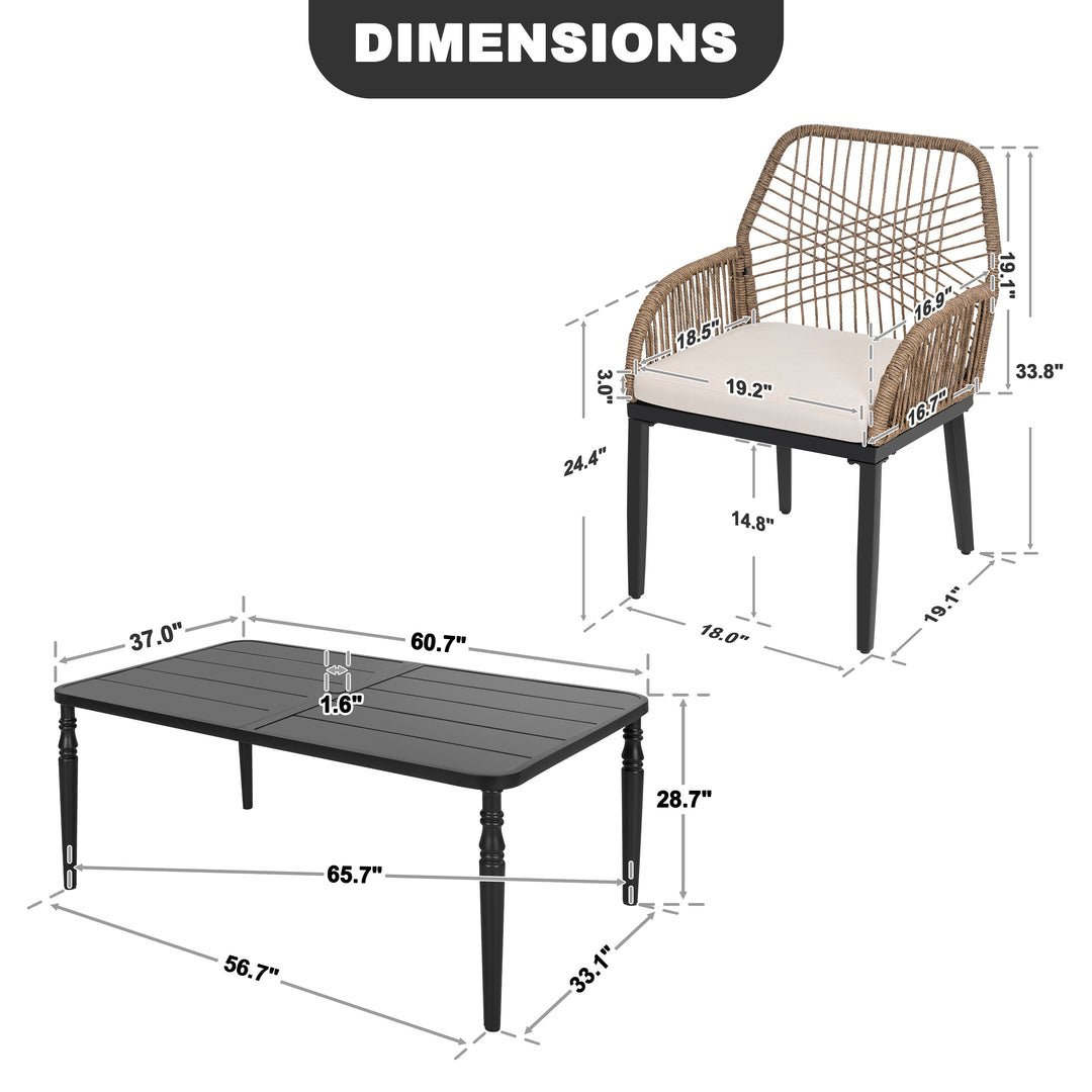Outdoor 7-Piece Metal Dining Set with Rattan Chairs and Cushions