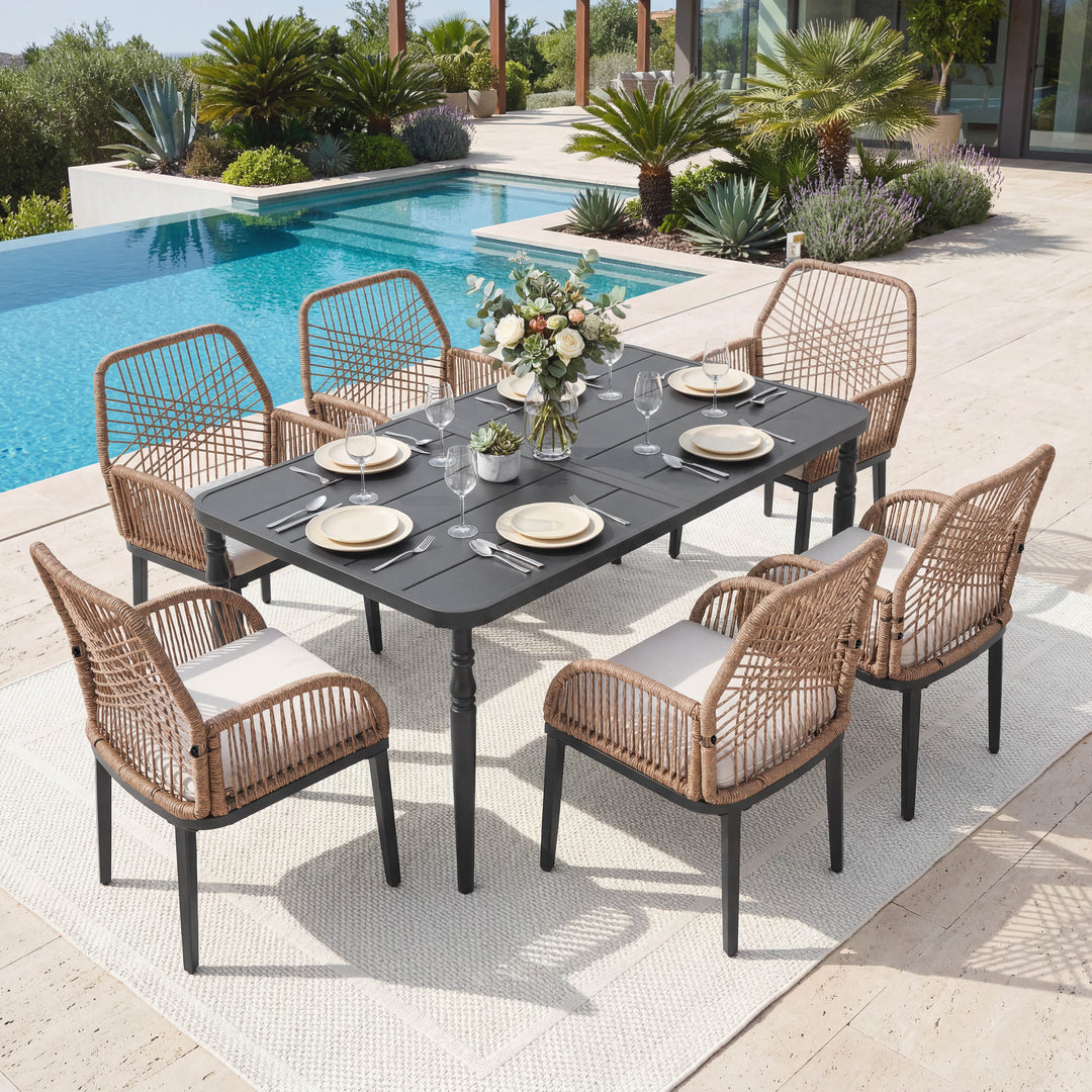 Outdoor 7-Piece Metal Dining Set with Rattan Chairs and Cushions