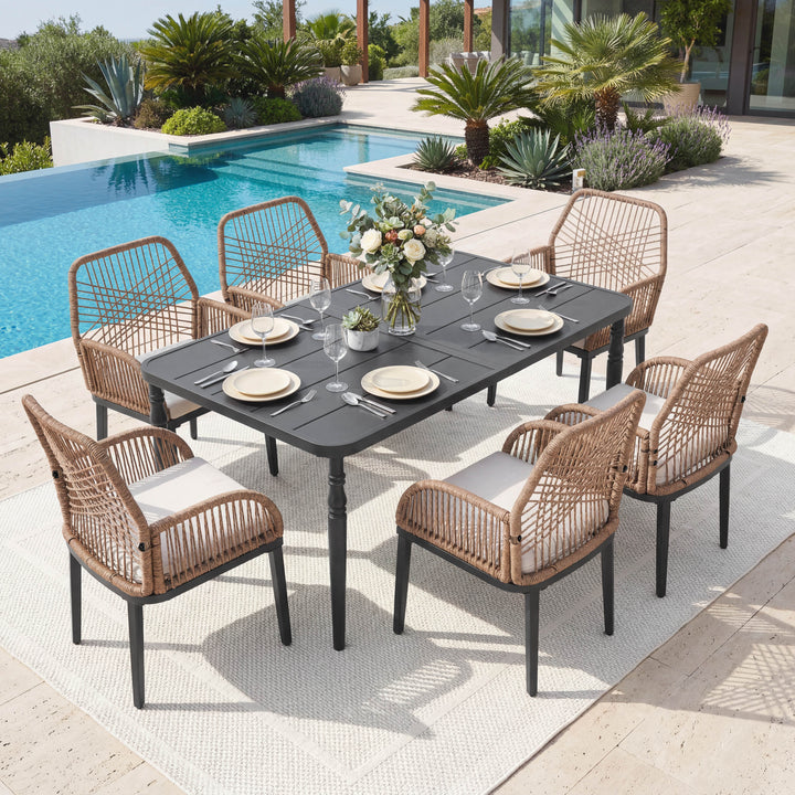 Outdoor 7-Piece Metal Dining Set with Rattan Chairs and Cushions