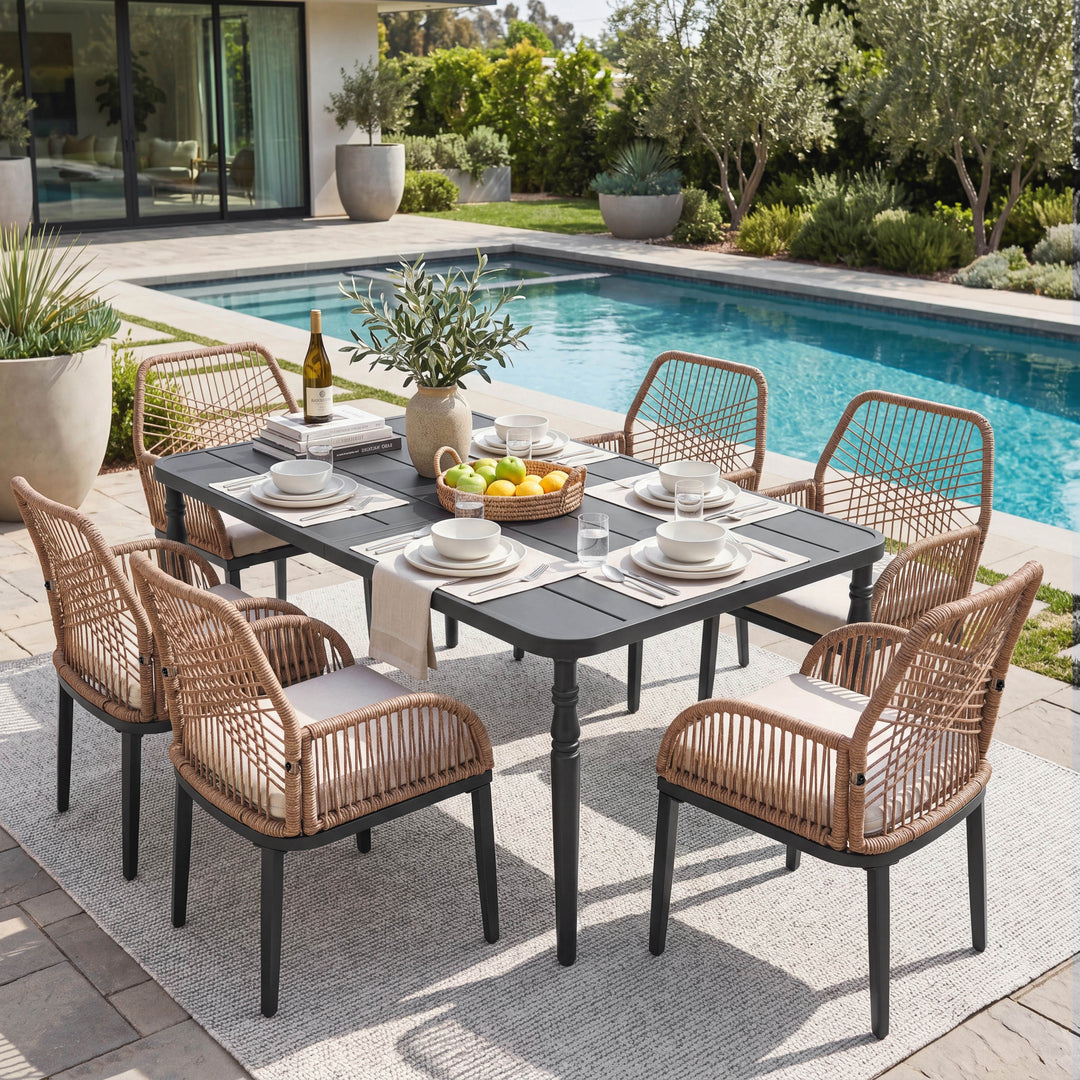 Outdoor 7-Piece Metal Dining Set with Rattan Chairs and Cushions