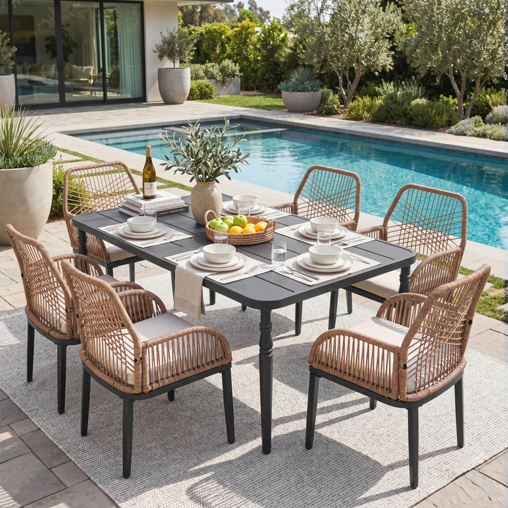 Outdoor 7-Piece Metal Dining Set with Rattan Chairs and Cushions