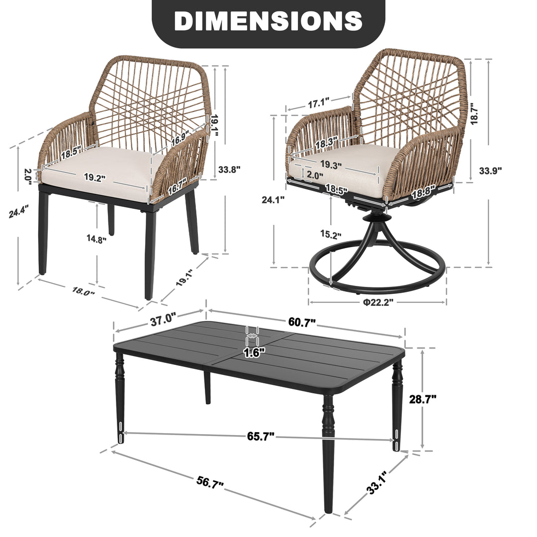 Outdoor 7-Piece Twisted Rattan Dining Set with Cushions, Swivel Design