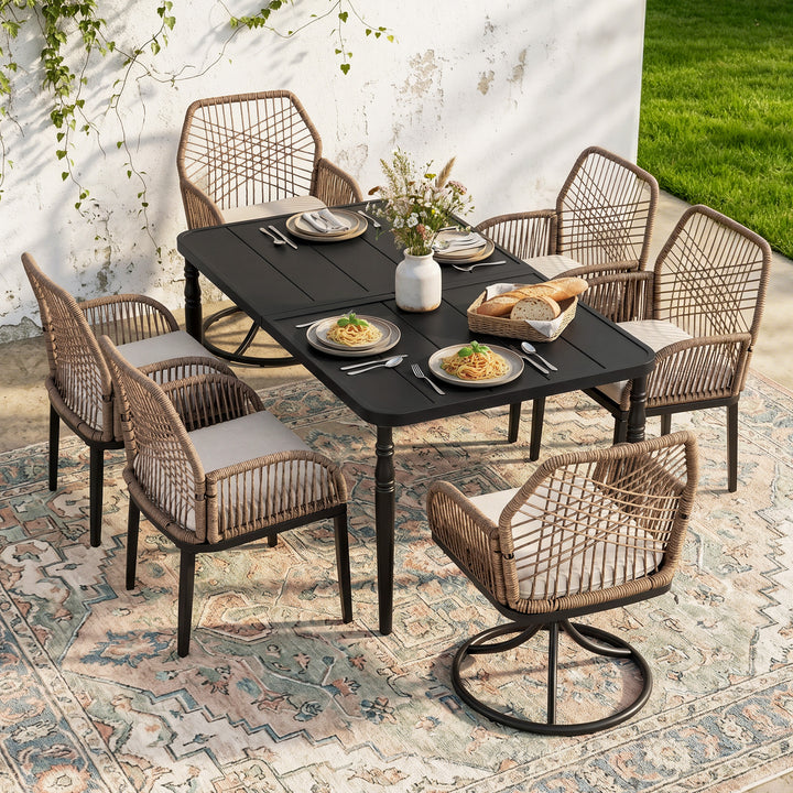 Outdoor 7-Piece Twisted Rattan Dining Set with Cushions, Swivel Design