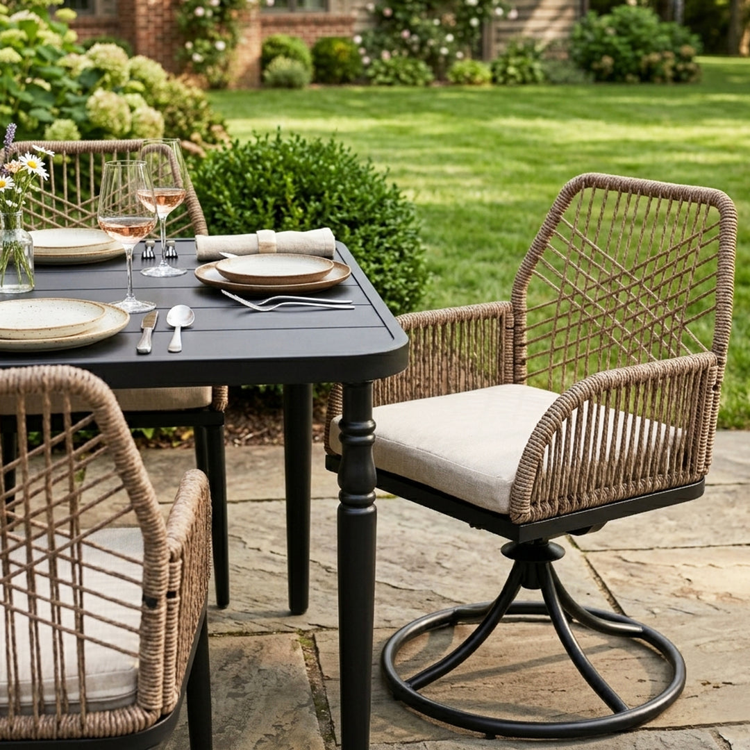 Outdoor 7-Piece Twisted Rattan Dining Set with Cushions, Swivel Design