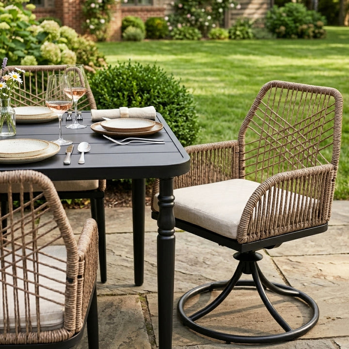 Outdoor 7-Piece Twisted Rattan Dining Set with Cushions, Swivel Design