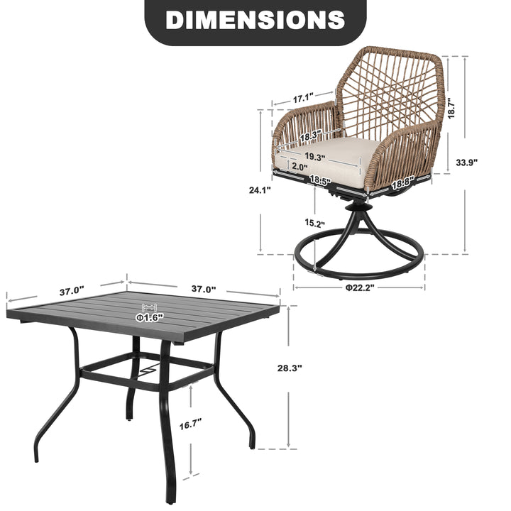 Outdoor 5PCS Dining Set, Twisted Rattan Swivel Chairs with Beige Cushions