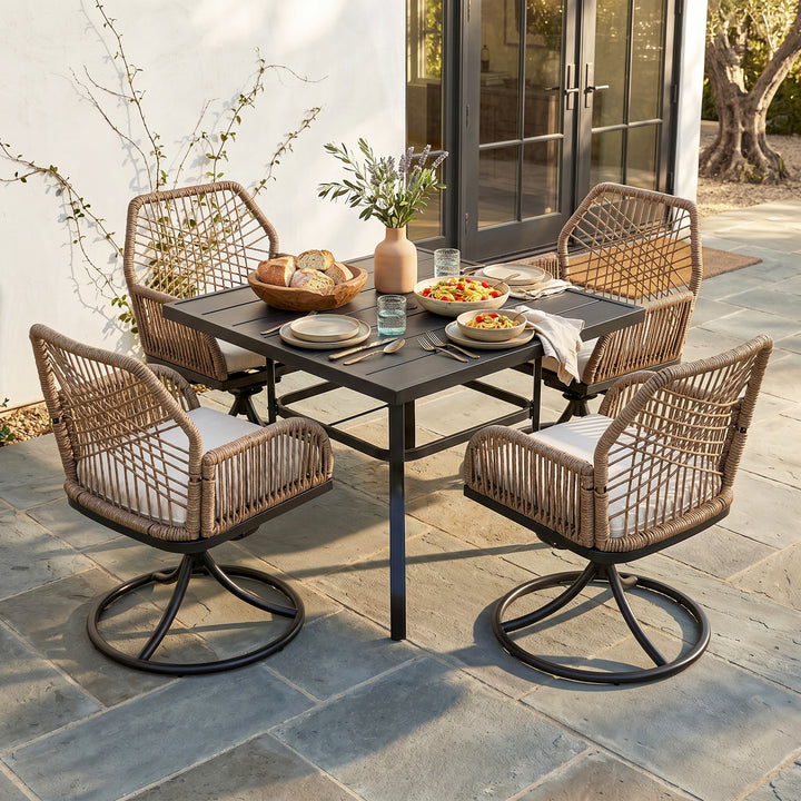 Outdoor 5PCS Dining Set, Twisted Rattan Swivel Chairs with Beige Cushions