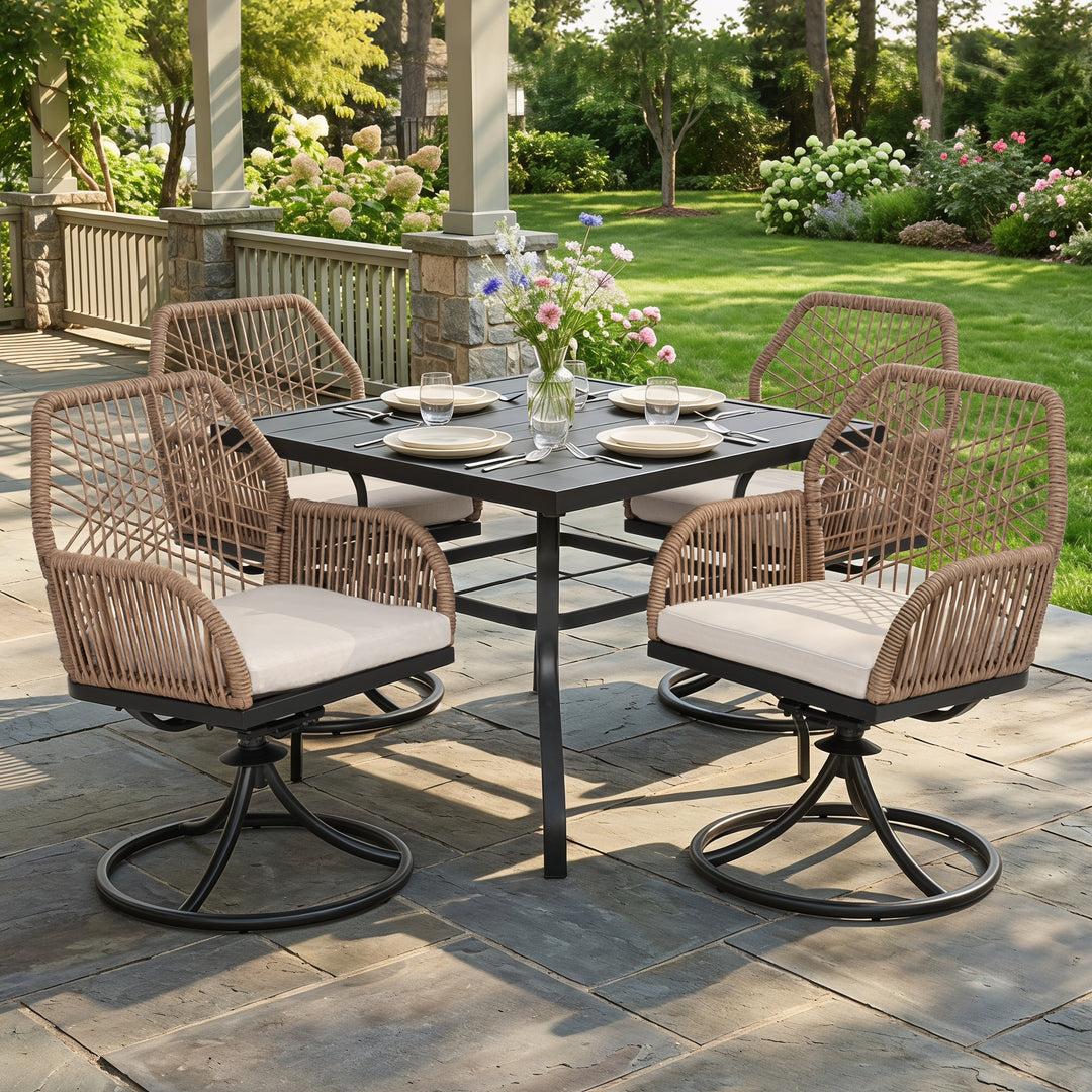Outdoor 5PCS Dining Set, Twisted Rattan Swivel Chairs with Beige Cushions