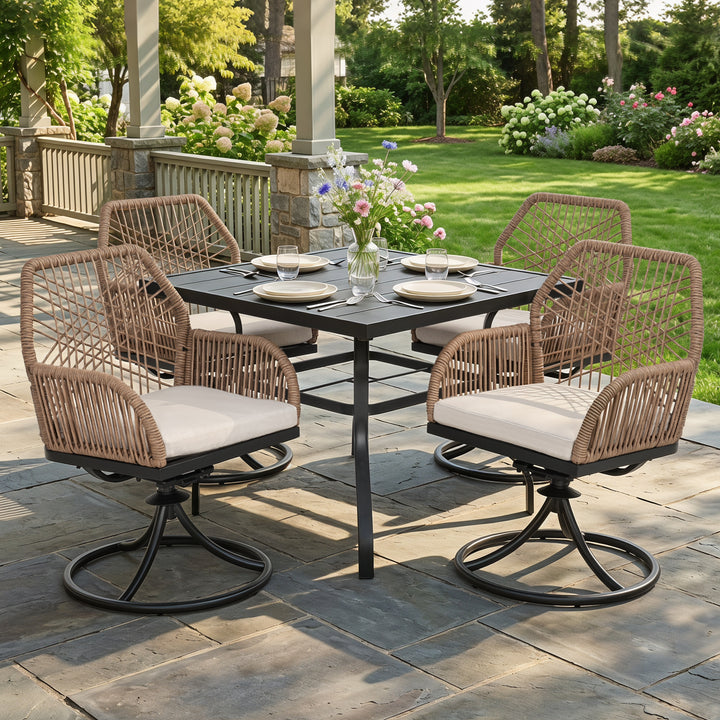Outdoor 5PCS Dining Set, Twisted Rattan Swivel Chairs with Beige Cushions