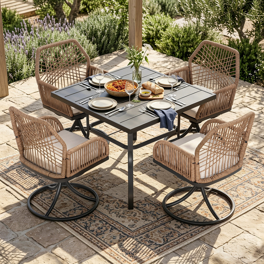 Outdoor 5PCS Dining Set, Twisted Rattan Swivel Chairs with Beige Cushions