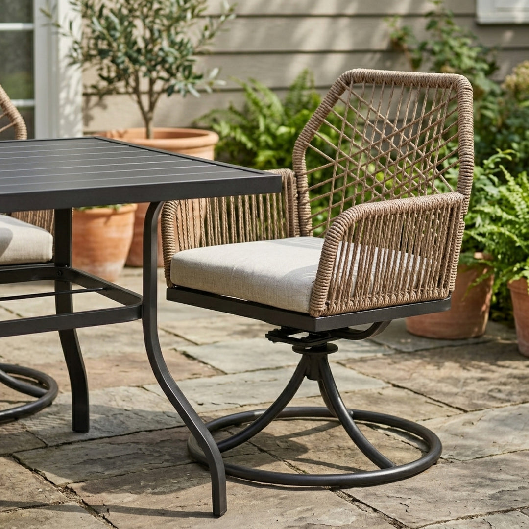Outdoor 5PCS Dining Set, Twisted Rattan Swivel Chairs with Beige Cushions