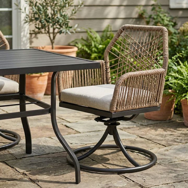Outdoor 5PCS Dining Set, Twisted Rattan Swivel Chairs with Beige Cushions