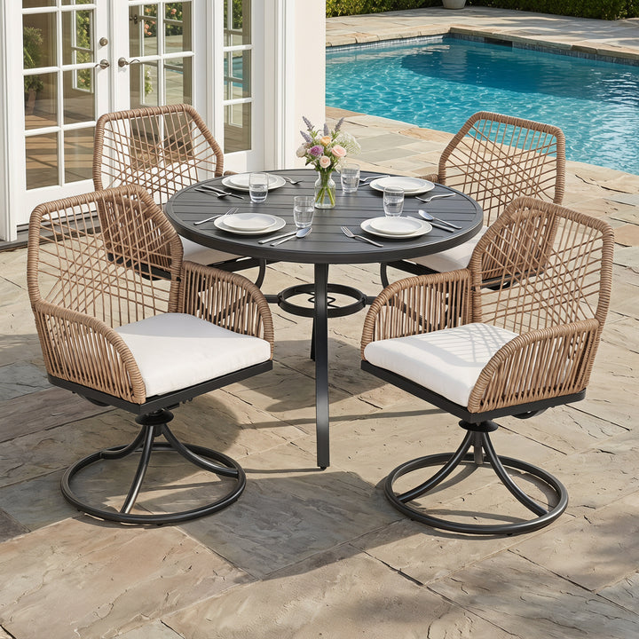 Nuu Garden 5-Piece Patio Dining Set with Beige Cushions, Brown and Black