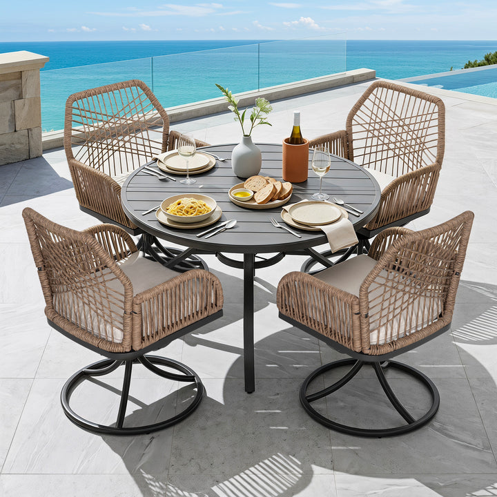 Nuu Garden 5-Piece Patio Dining Set with Beige Cushions, Brown and Black