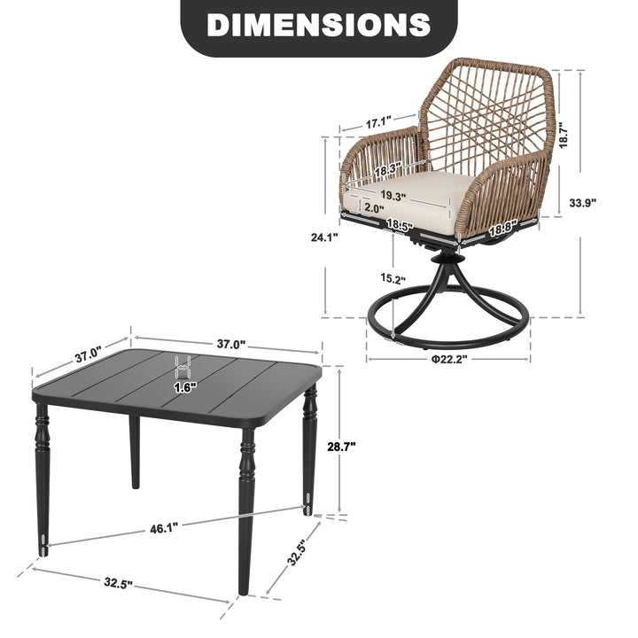 5-Piece Outdoor Dining Set, Twisted Rattan Swivel Chairs with Cushions