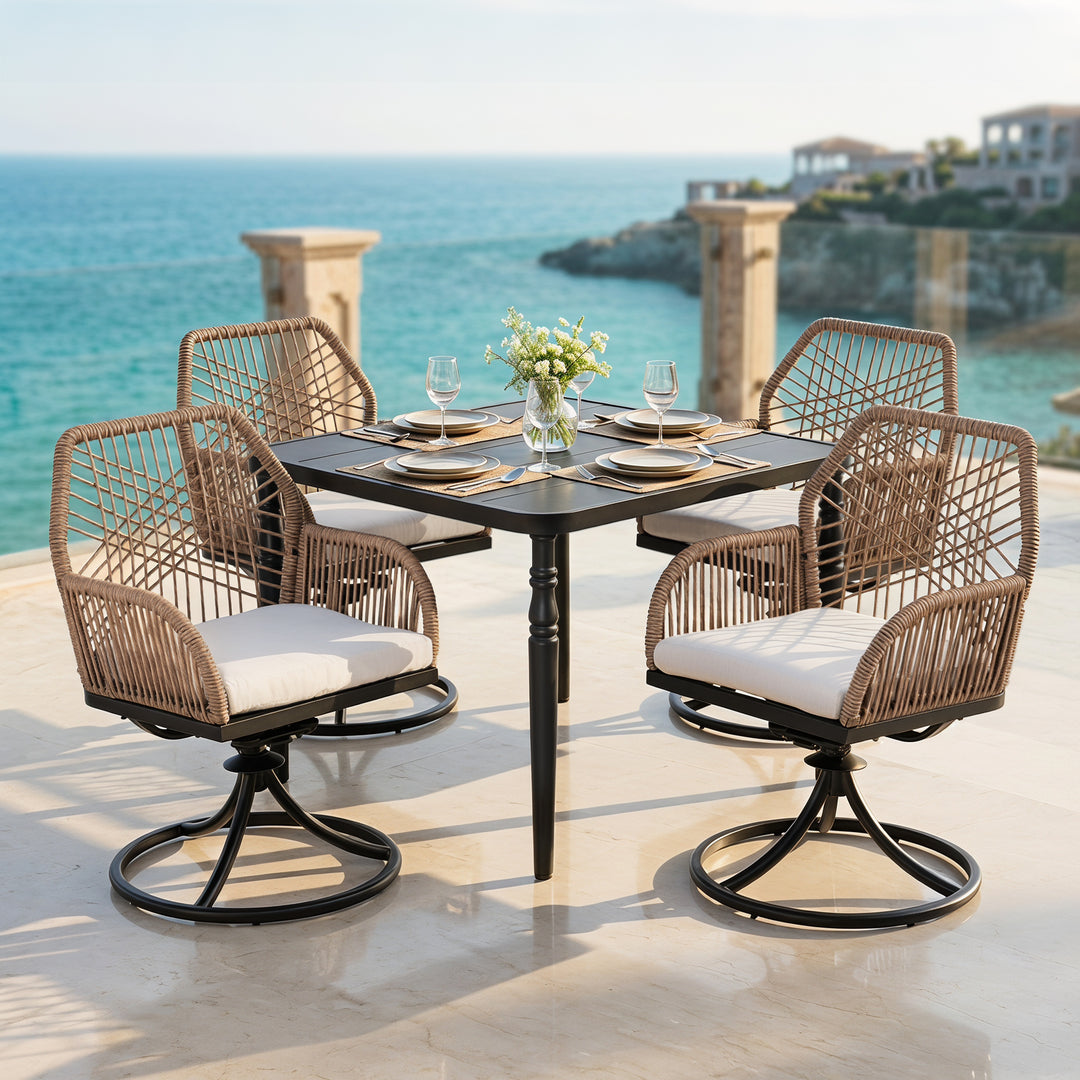 5-Piece Outdoor Dining Set, Twisted Rattan Swivel Chairs with Cushions