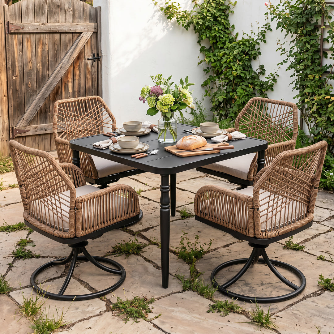 5-Piece Outdoor Dining Set, Twisted Rattan Swivel Chairs with Cushions