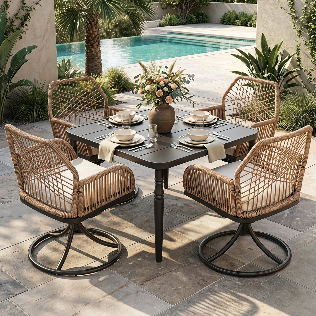 5-Piece Outdoor Dining Set, Twisted Rattan Swivel Chairs with Cushions