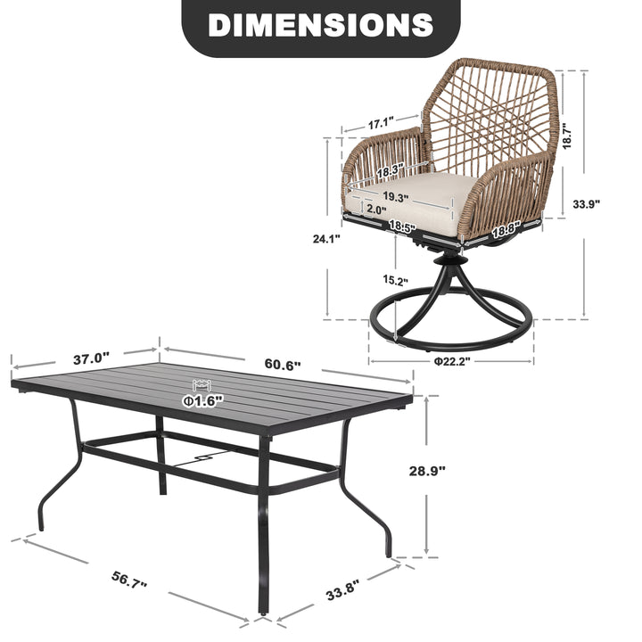 Outdoor 7PCS Dining Set, Twisted Rattan Swivel Chairs with Beige Cushions