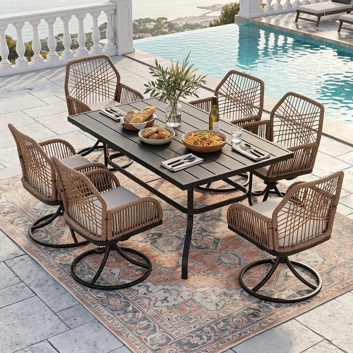 Outdoor 7PCS Dining Set, Twisted Rattan Swivel Chairs with Beige Cushions