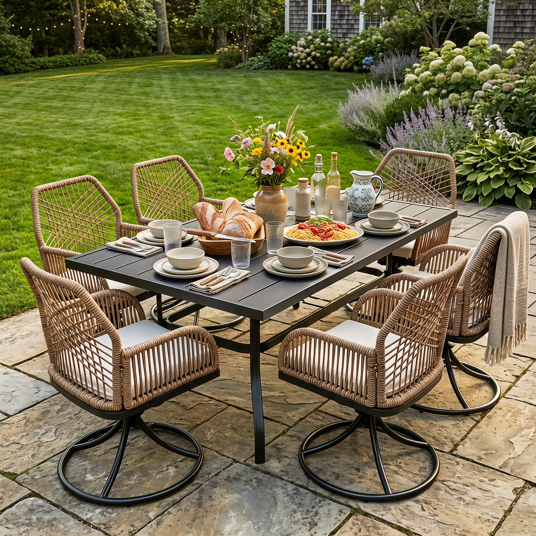 Outdoor 7PCS Dining Set, Twisted Rattan Swivel Chairs with Beige Cushions