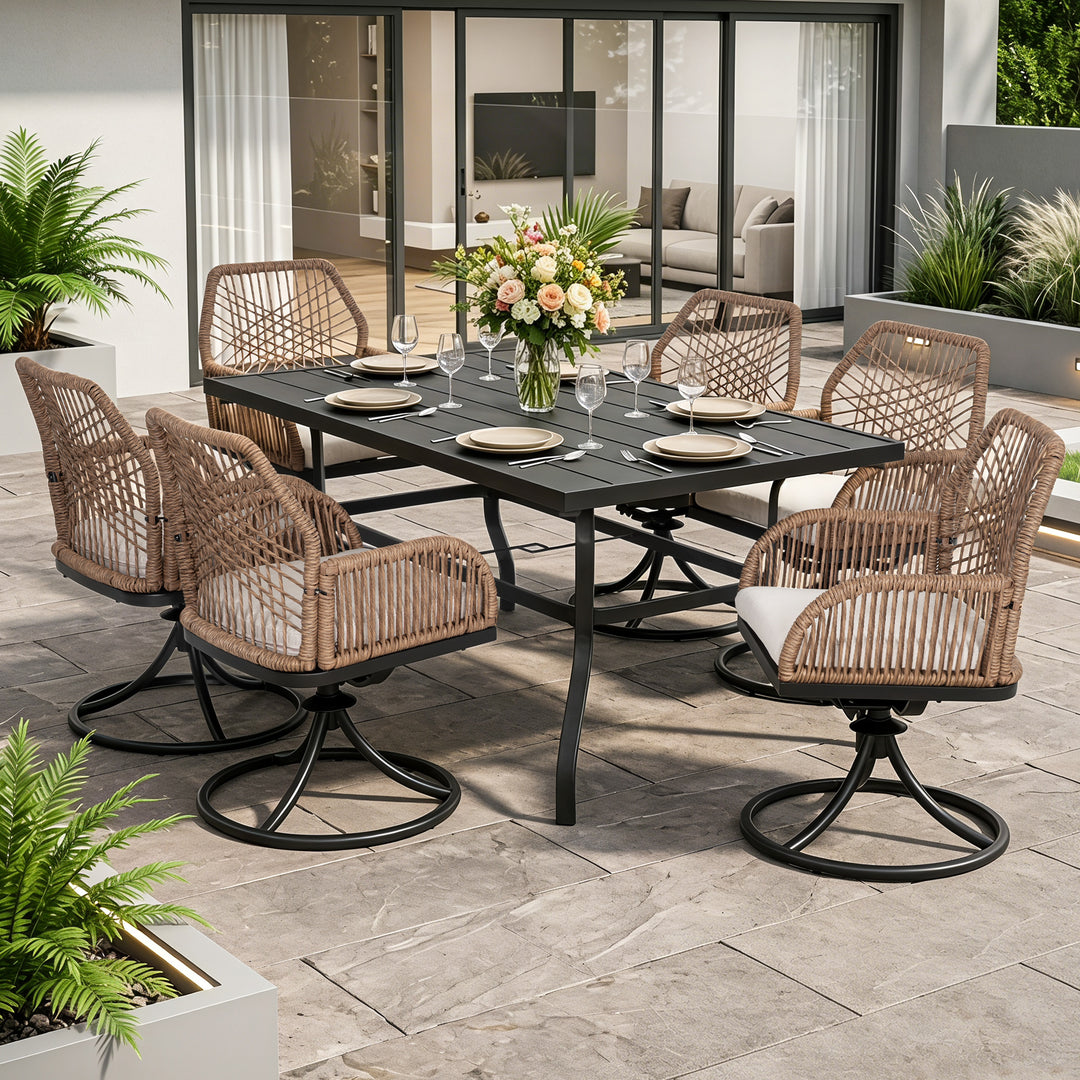 Outdoor 7PCS Dining Set, Twisted Rattan Swivel Chairs with Beige Cushions