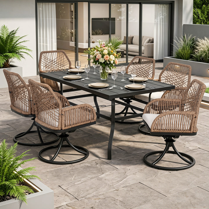 Outdoor 7PCS Dining Set, Twisted Rattan Swivel Chairs with Beige Cushions