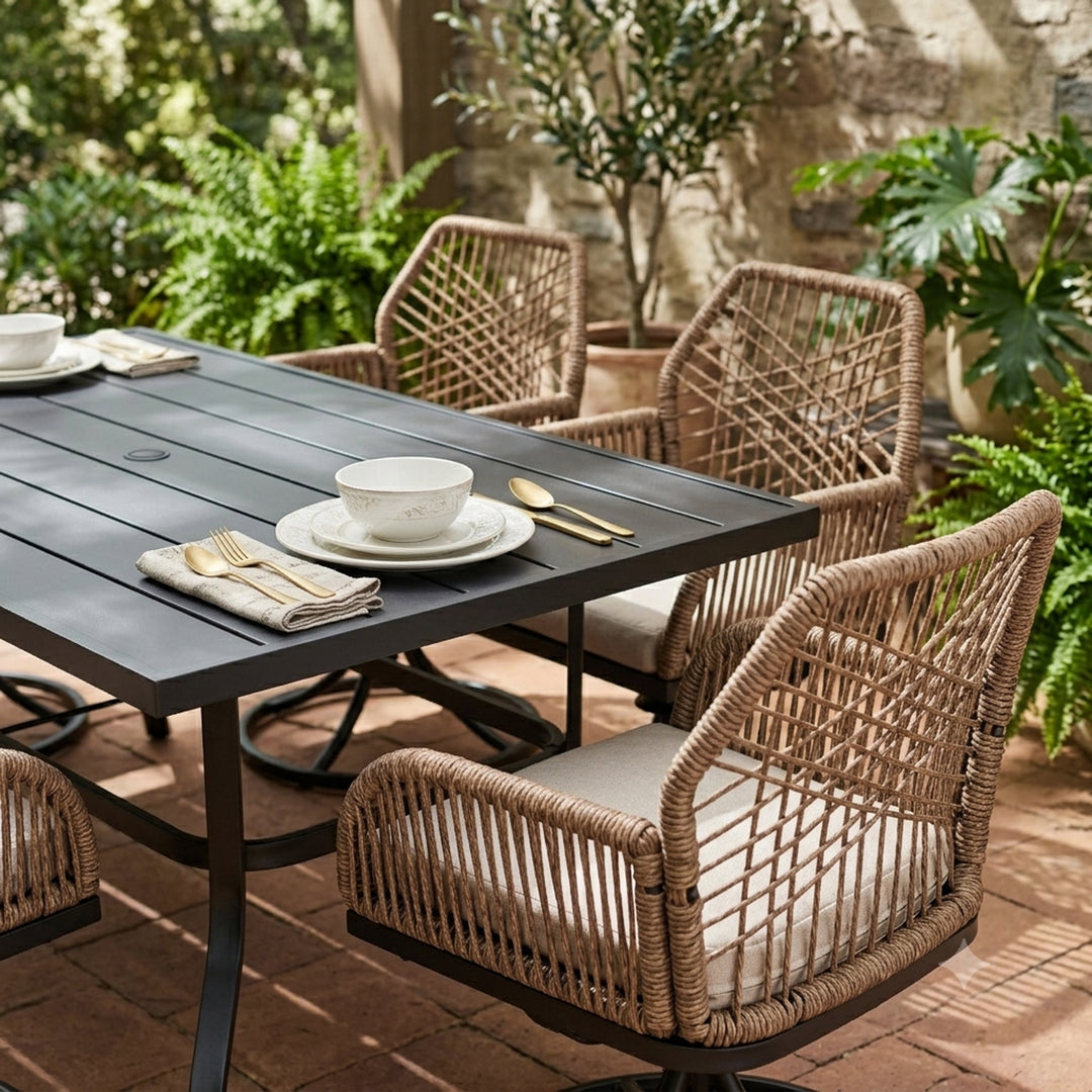 Outdoor 7PCS Dining Set, Twisted Rattan Swivel Chairs with Beige Cushions