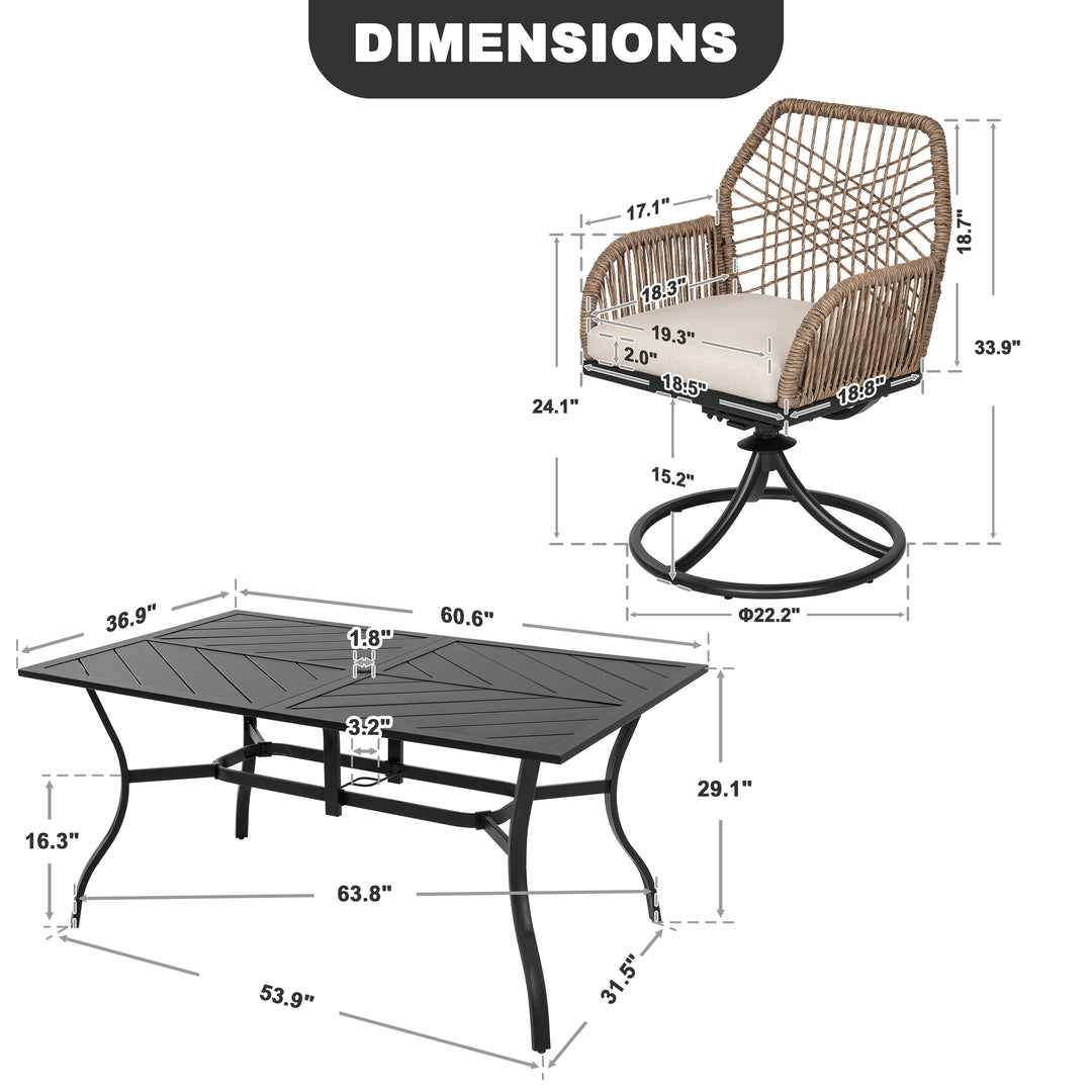 Outdoor 7PCS Dining Set, Twisted Rattan Swivel Chairs with Beige Cushions