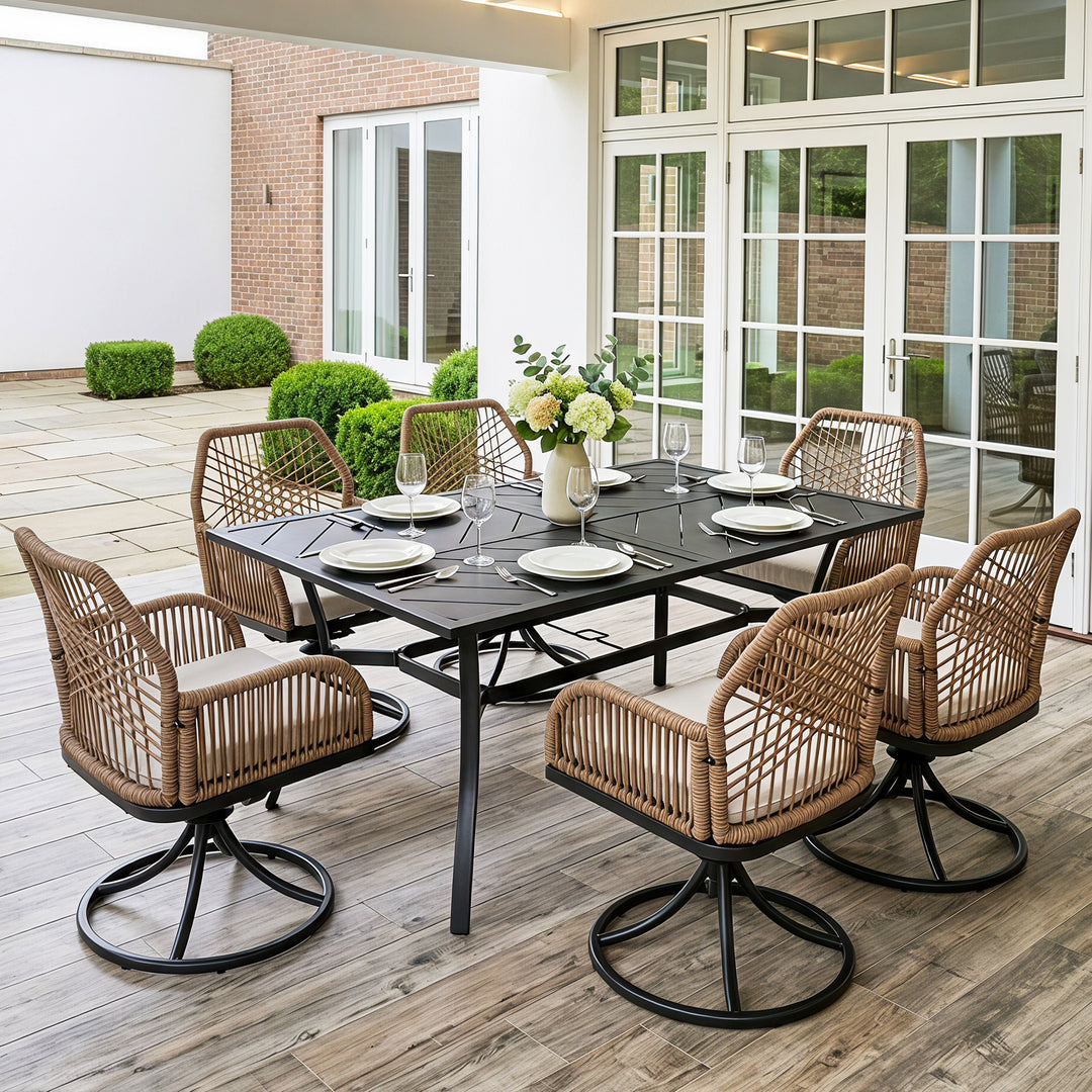 Outdoor 7PCS Dining Set, Twisted Rattan Swivel Chairs with Beige Cushions
