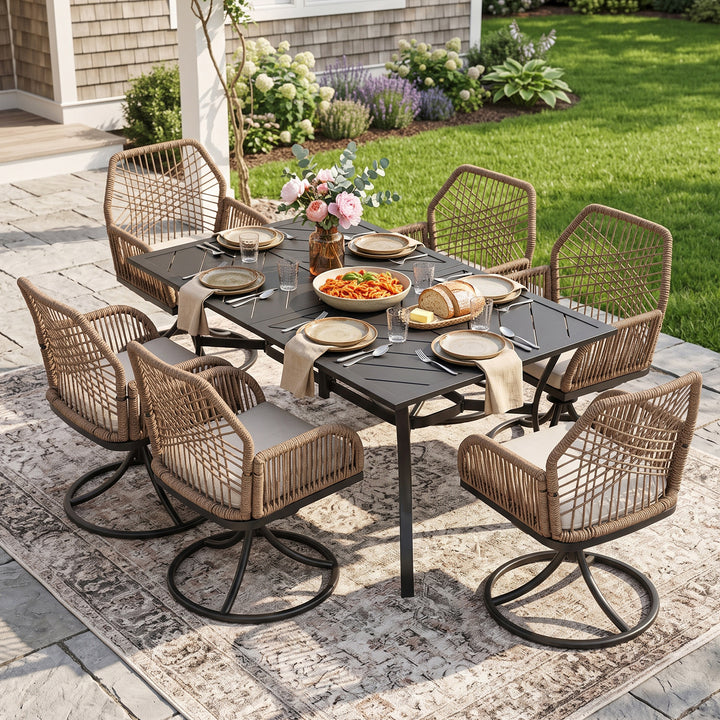 Outdoor 7PCS Dining Set, Twisted Rattan Swivel Chairs with Beige Cushions