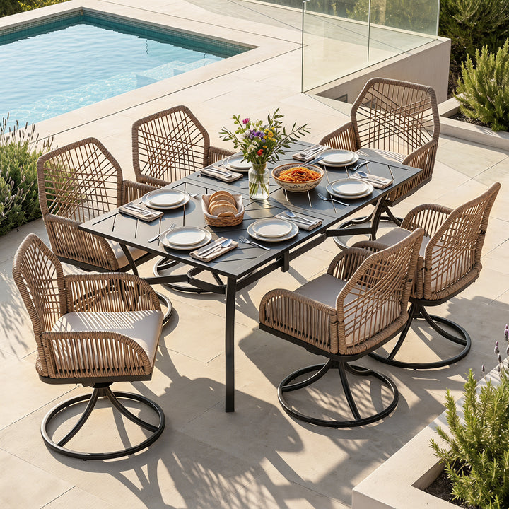 Outdoor 7PCS Dining Set, Twisted Rattan Swivel Chairs with Beige Cushions
