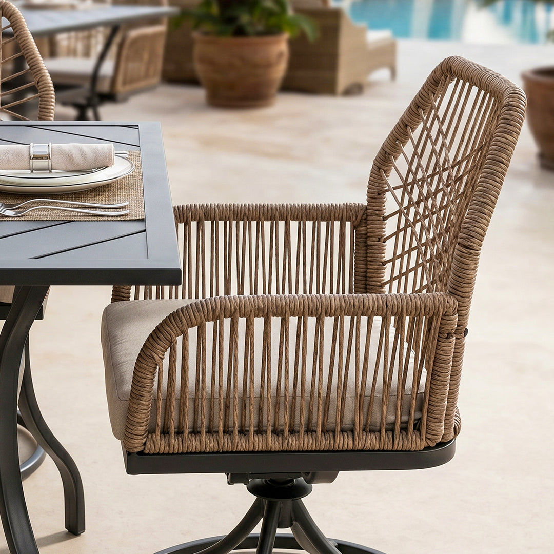 Outdoor 7PCS Dining Set, Twisted Rattan Swivel Chairs with Beige Cushions
